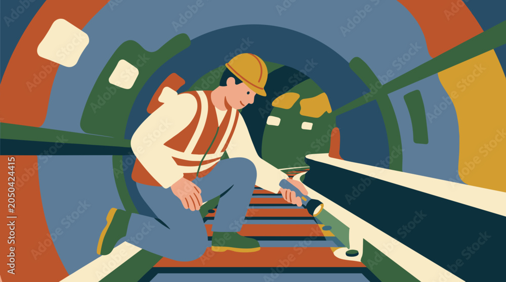 Fototapeta premium Subway worker inspecting and maintaining underground train tracks in a tunnel to ensure safety and proper functioning of transit infrastructure