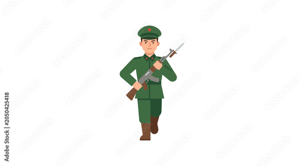 Obraz premium Flat Vector Illustration of a Soldier Carrying a Rifle