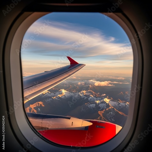 Airplane Wing View - A Journey Above the Clouds at Sunset.