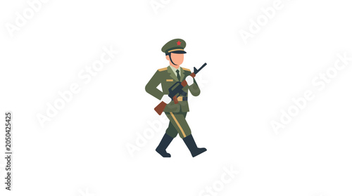 Schilderij op canvas Flat Vector Illustration of a Soldier Marching with a Rifle