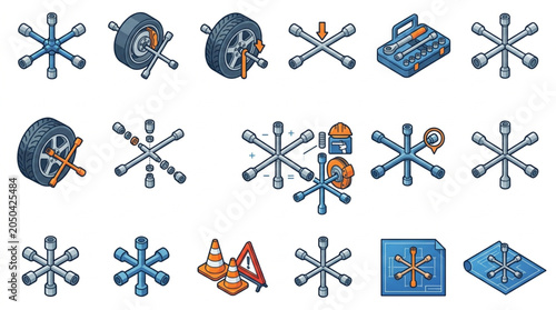 Fotografi Automotive wheel lug wrench and tire repair tools collection.