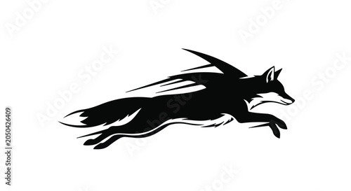 Fox in a dynamic leaping pose is depicted with stylized motion lines and wings to symbolize speed, cleverness, agility, and the untamed spirit of wildlife captured in a bold graphic design.