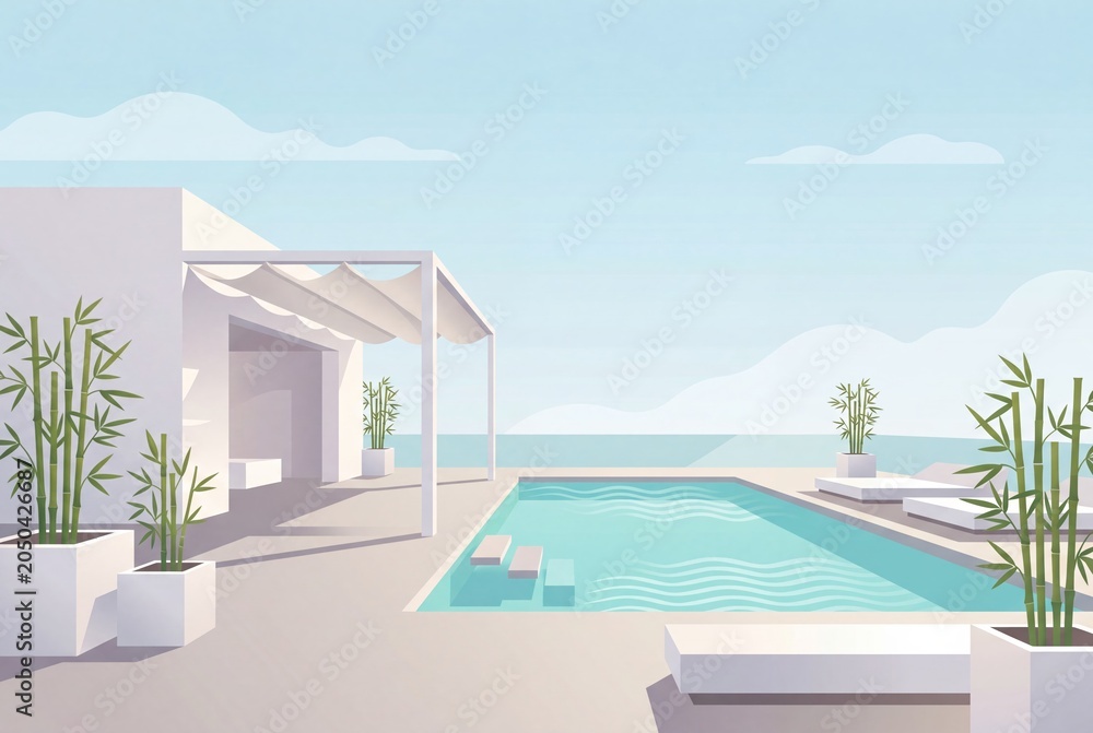 Fototapeta premium Flat Warm Poolside Towel Detail With Minimal Terrace And Turquoise Water Illustration