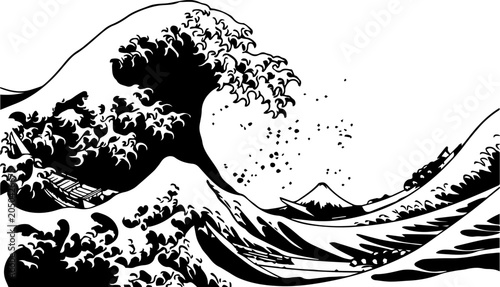 Foto Japanese Great Wave Ocean Silhouette Black and White Vector Illustration
