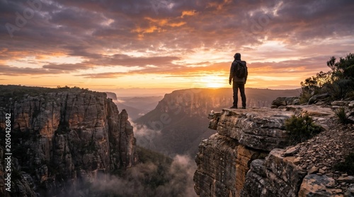 Man standing on cliff edge watching sunset over vast canyon landscape
