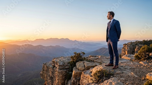 Businessman in blue suit standing on rocky cliff overlooking mountains at sunrise