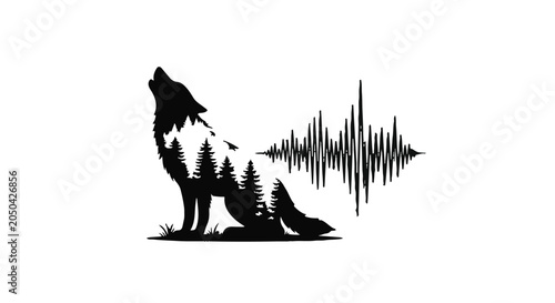 Wolf silhouette combined with a dense forest landscape and audio frequency waves that represents the wild spirit of nature meeting modern digital sound technology in a artistic design.