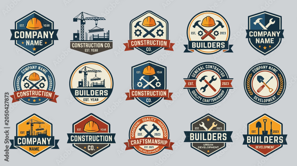 Naklejka premium Construction logos with tools and labels.