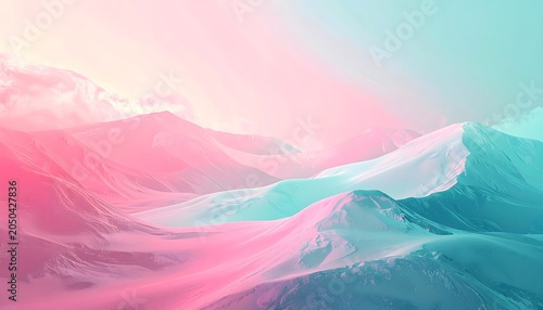 Panoramic Abstract Mountain Landscape in Pastel Pink and Turquoise