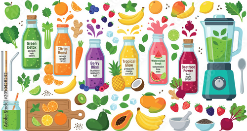 Healthy smoothie drink vector illustration set with fruit juice bottles blender vegetables and tropical ingredients flat style