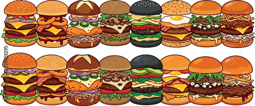 Large burger collection vector illustration with assorted cheeseburgers chicken sandwiches sauces and toppings for fast food menu