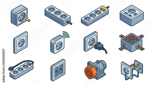 Collection of electrical outlets and power strips isometric icons.