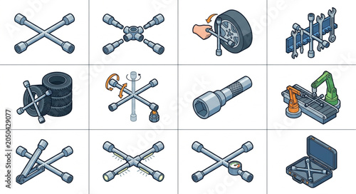 Quadro em tela Collection of Lug Wrenches and Car Parts Icons.