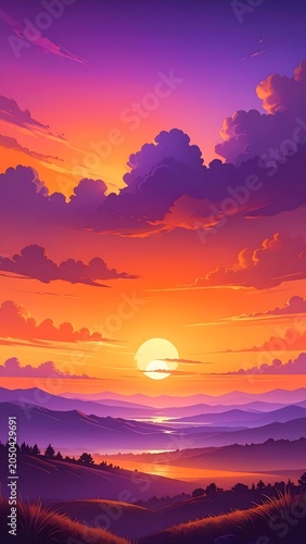 Beautiful Sunset Landscape with Mountains and Cumulus Clouds