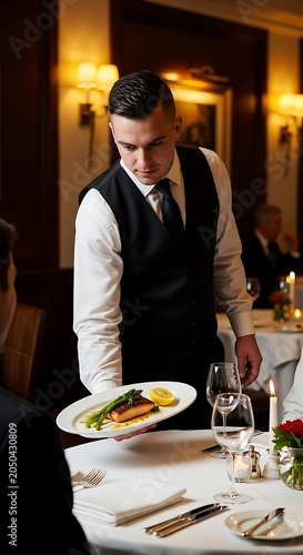 Attentive waiter serving a gourmet dish in a fine dining restaurant.