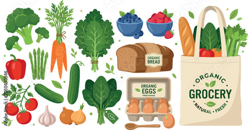 Organic grocery vector illustration with fresh vegetables bread eggs berries and reusable shopping bag for market design