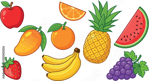 Fresh tropical fruit collection vector illustration with apple mango orange pineapple watermelon banana grape and strawberry icons