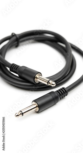 Audio Cable with 6.35 mm Jack Plugs on White Background.