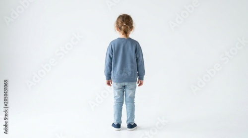 Back view young child standing bright studio plain white background