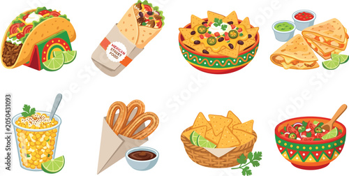 Mexican food vector illustration with tacos nachos burrito quesadilla corn and salsa for restaurant menu design