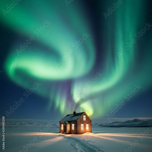 Aurora Borealis over a Cozy House in Winter Landscape.