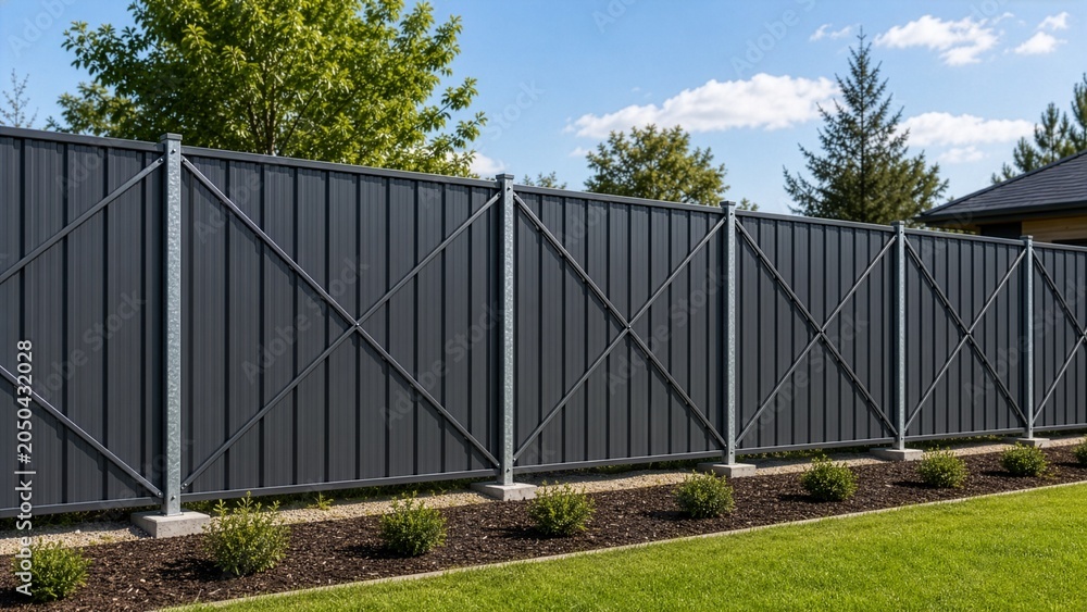 Fototapeta premium Modern Charcoal Gray Metal Privacy Fence with Galvanized Steel Frame and Structural Diagonal Cross Braces