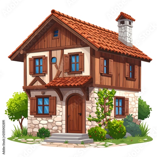 Charming two story wooden house with red roof.