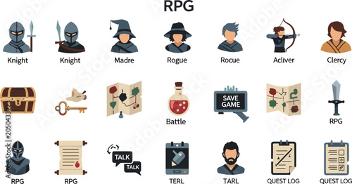 Foto Fantasy RPG game icons set with knights, rogue, archer, cleric, treasure, quest