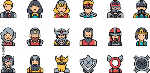 Konstfotografi Fantasy Warrior Character Icon Set Vector Illustration With Knights Helmets Shie