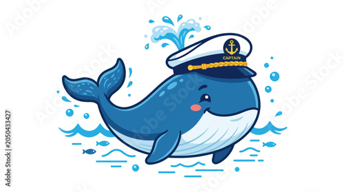 Obraz na płótnie Cute cartoon whale wearing captain hat, spouting water, sailing in blue ocean wa