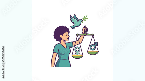 Photos Gender Equality Concept with Woman Holding Scales and Peace Dove