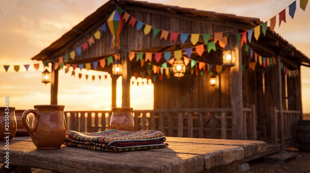 Obraz premium A festive Festa Junina scene with clay mugs, a colorful fabric, and string lights on a wooden table in front of a rustic shack adorned with traditional flags.