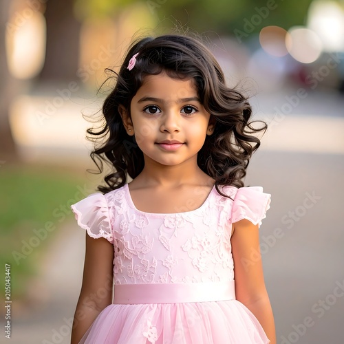 Young woman in pink dress with curly hair outdoors.