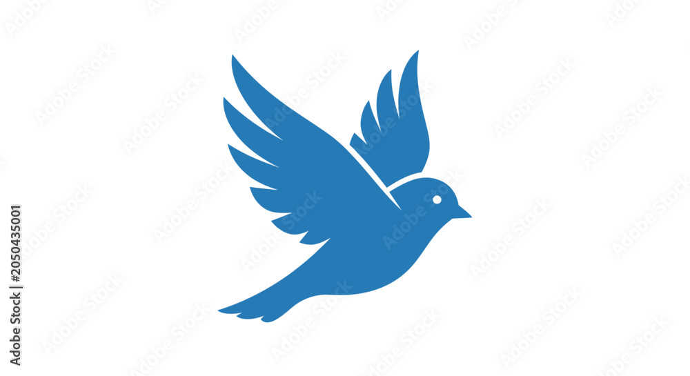 Fototapeta premium A blue bird silhouette is shown in flight against a white background, simple design