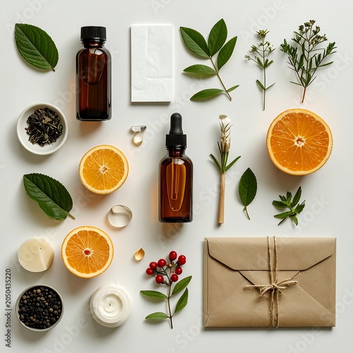 Natural skincare ingredients and essential oils setup.