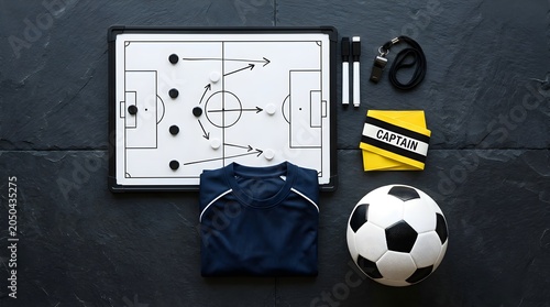 A tactical football board with coaching equipment and a ball highlights planning, teamwork, and strategic preparation for elite international competition.