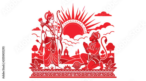 Tableau sur toile Lord Rama and Hanuman in Red Stylized Illustration with Sunrise