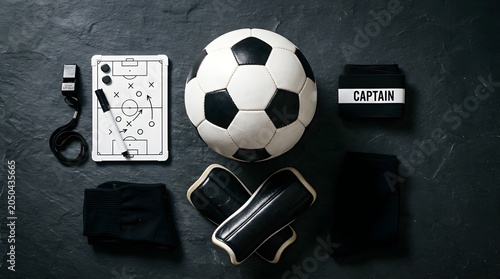 Football tactics board, ball, and coaching tools arranged together, emphasizing planning, leadership, and strategic decision-making in elite competition.