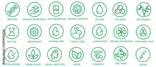 Foto Organic, natural, vegan, cruelty free, collagen, anti age, antioxidant cosmetic editable stroke outline icons set isolated on white background flat vector illustration