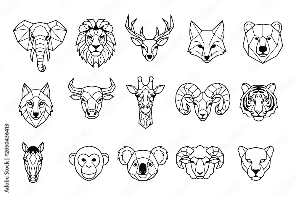 Fototapeta premium Geometric animal head icons, set of 15 linear wildlife vector illustrations, minimalist polygonal animal portraits for logo design and branding