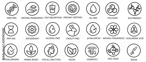 Schilderij op canvas Organic, natural, vegan, cruelty free, collagen, anti age, antioxidant cosmetic editable stroke outline icons set isolated on white background flat vector illustration