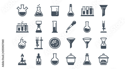 A collection of various laboratory glassware icons arranged in a grid pattern
