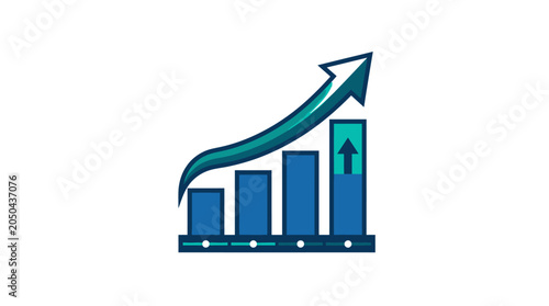 A blue bar chart shows a positive upward growth trend with an arrow