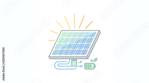 A flat illustration of a solar panel charging a battery with clean energy