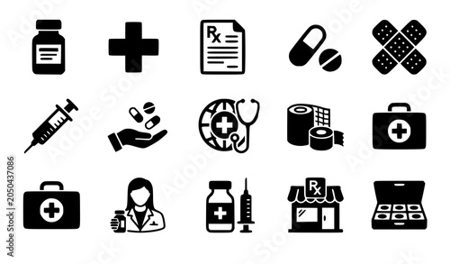 Bild auf Leinwand Pharmacy and medicine solid icon set vector illustration