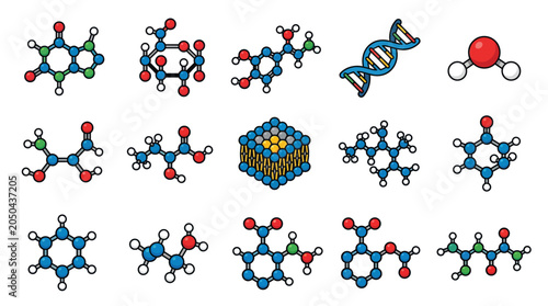 A collection of various colorful chemical molecular structures on white background