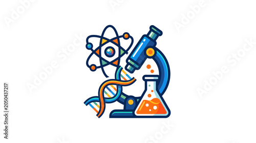 A colorful flat vector illustration of scientific research equipment and symbols