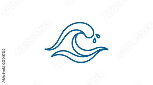 A simple blue line drawing of a crashing ocean wave on a white background