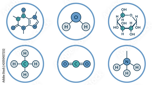 A collection of various chemical molecular structures shown in circular icons