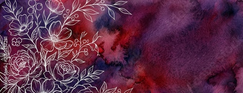 White flower outline on dark purple watercolor background. Floral frame for invitation card design. Artistic painting with botanical sketch elements for wedding and greeting stationery.